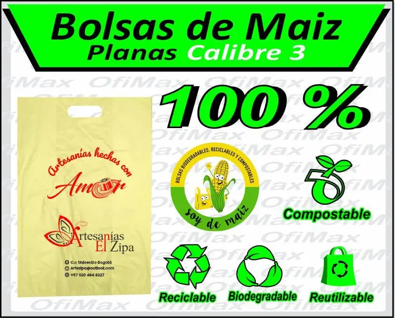 bolsas ecologicas compostables vegetales de maiz planas de 3, bogota, colombia